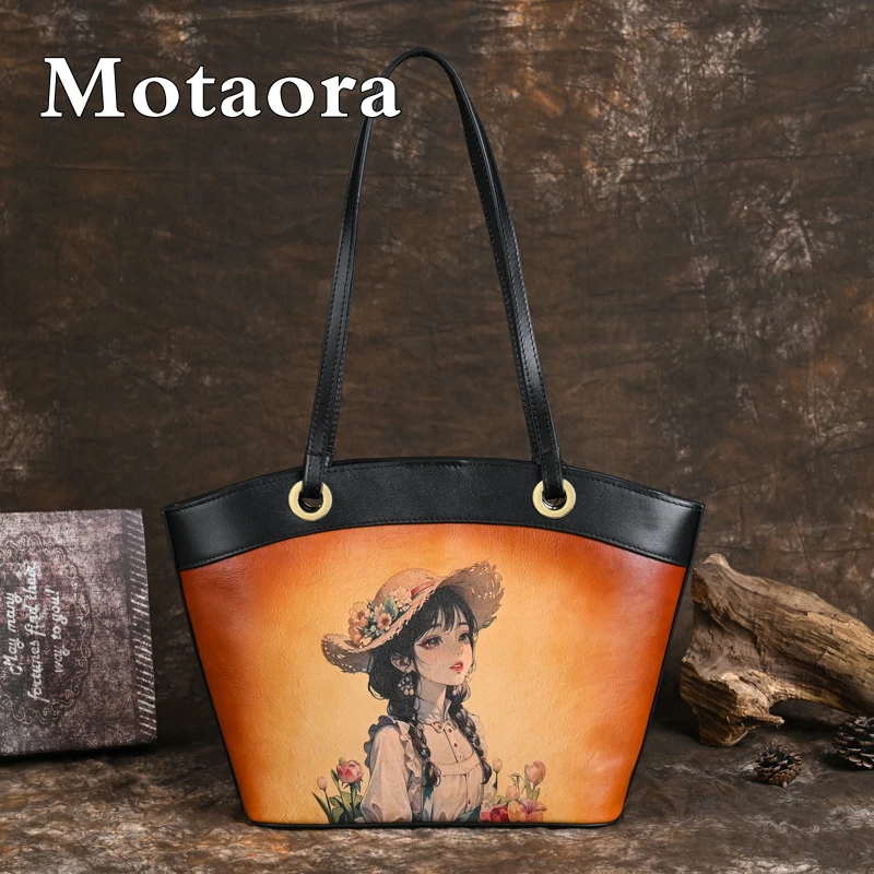 MOTAORA New Genuine Leather Women's Handbag Versatile Large Capacity Underarm Tote Bags Girl Print Cowhide Shoulder Bag Purse