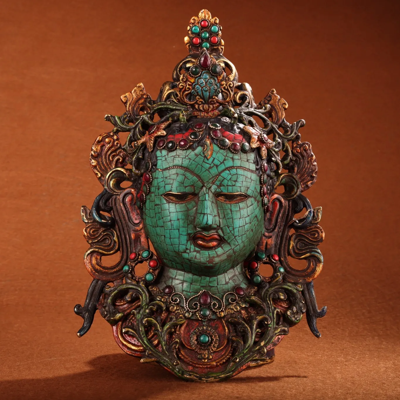 

11"Old Xizang Folk Collection Old Bronze Outline in gold Mosaic Gem Turquoise White Tara Buddha Head Mask Worship Hall