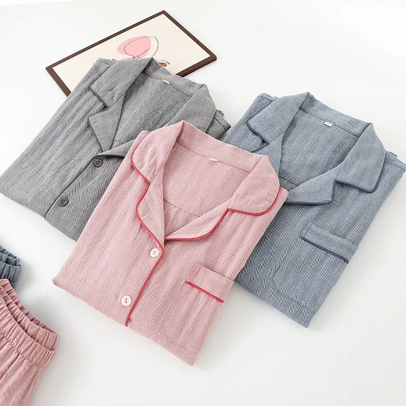 

Cotton Gauze Women Men Pajamas Sleepwear Couple Female 2 Piece Set Nightwear Lady Pyjamas Loungewear