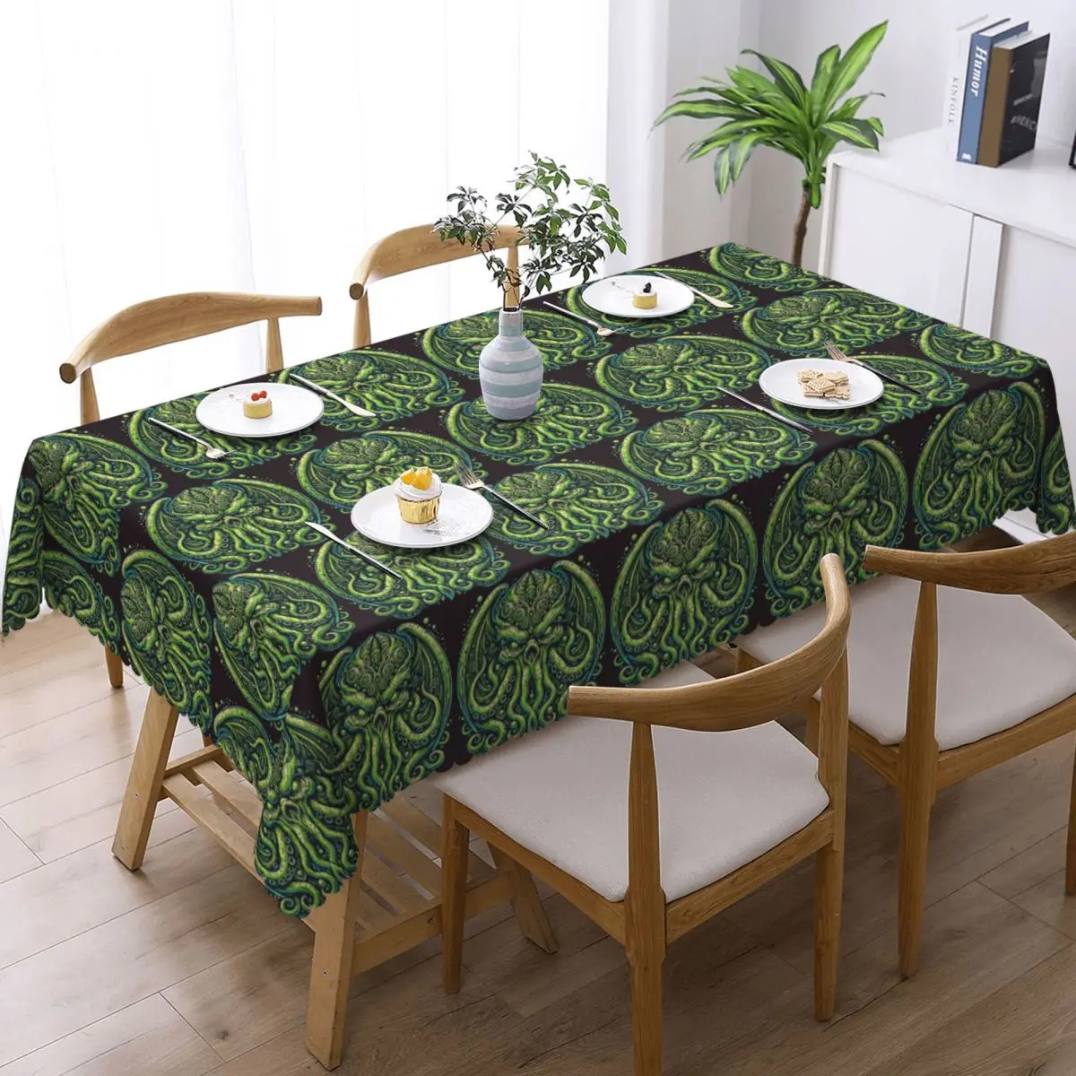 Green Cthulhu Octopus With Tentacles And Teeth Custom Rectangular Tablecloth Waterproof Table Cover for Festival Table Cloth