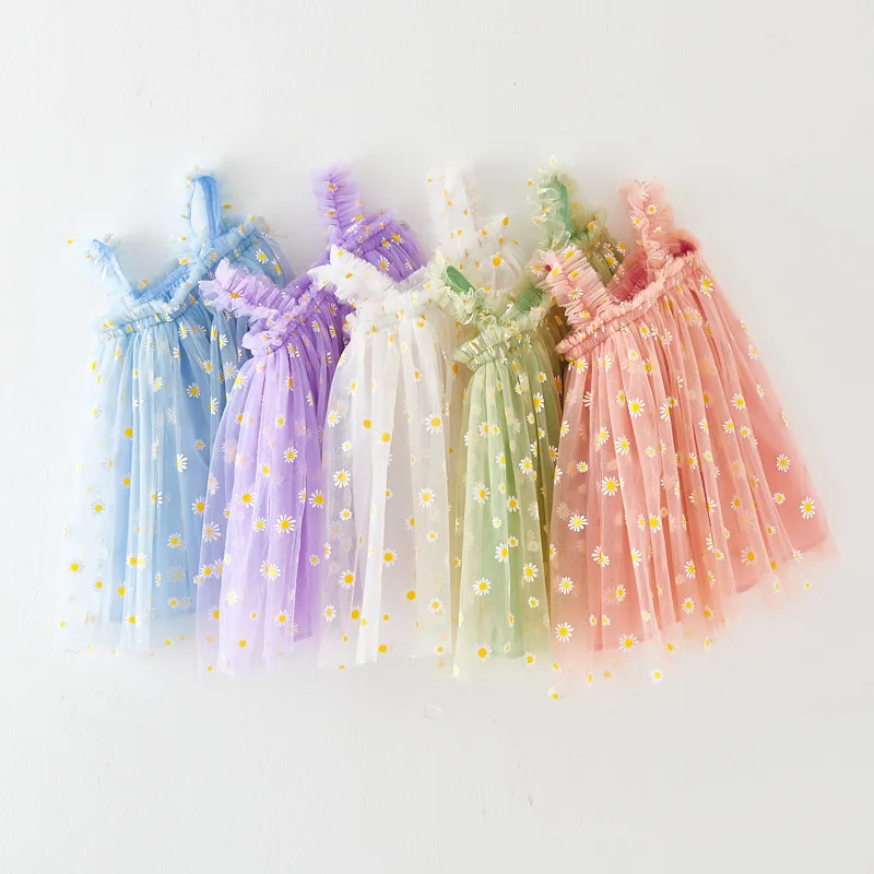 Summer Baby Girls Tulle Dress Daisy Floral Kid Birthday Party Dress Sleeveless Sling Toddler Girl Casual Clothing Princess Dress