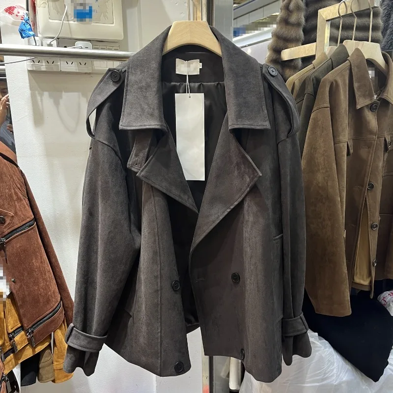 2025 Fall/Winter New Solid Color Jacket Spring and Autumn Loose and Versatile Retro Fashionable Suede Trench Coat Jacket