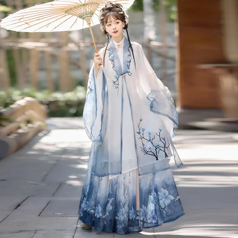 قميص نسائي طويل من سلالة مينغ هانفو مطرز ماغنوليا بياقة واقفة للربيع والصيف والخريف نمط خرافي يومي