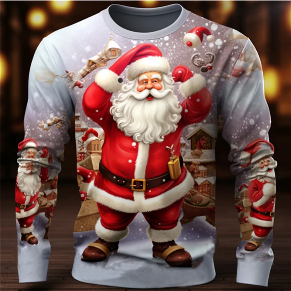 Christmas T-Shirts For Mens Print Cotton Long Sleeve Santa T Shirt Overzied Clothes Streetwear Casual Top Tee Shirt Men Clothing