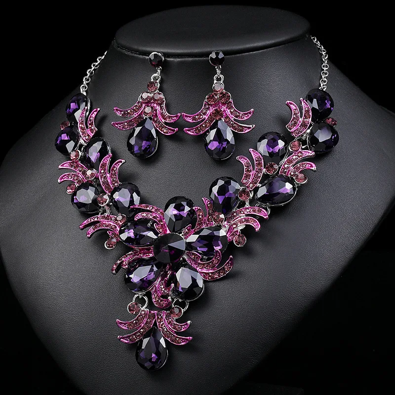 Purple Jewelry Set Wholesale Wedding Accessories Luxury Crystal Rhinestone Flower Statement Earrings and Necklace for Women