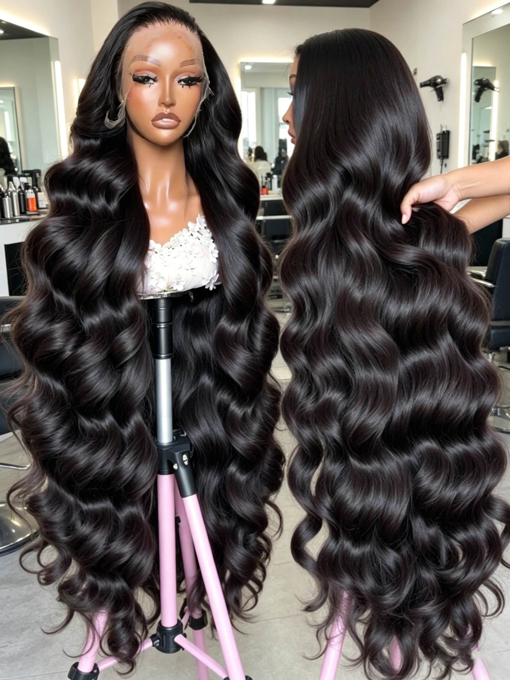 

Парик из натуральных волос Body Wave, 40 дюймов, 13x6, с кружевной передней частью, бразильский, натуральный черный, предварительно прорезанный, 200% плотность, для женщин