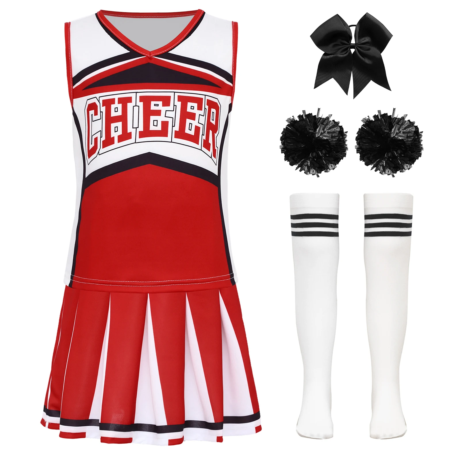 5 قطع يهتف زعيم الرقص أداء الزي إلكتروني طباعة أعلى مع تنورة Bowknot العلاقات الشعر شرابة اليد الزهور والجوارب مجموعات