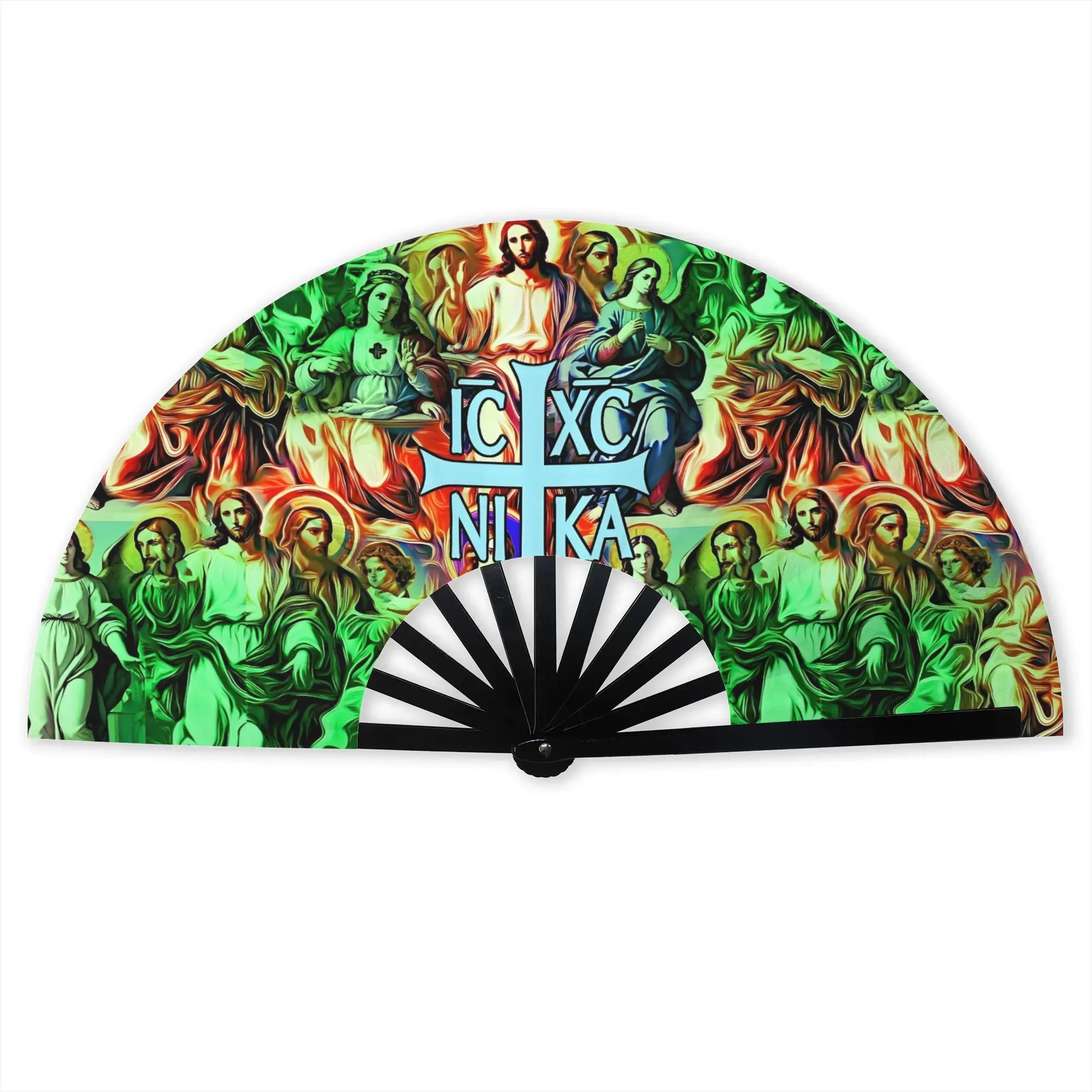 IC XC NI KA Sacred Gathering Christ and Disciples with Mary Hand Fan Cross Christogram Durable Folding Fans Unique Bulk Pack Fan