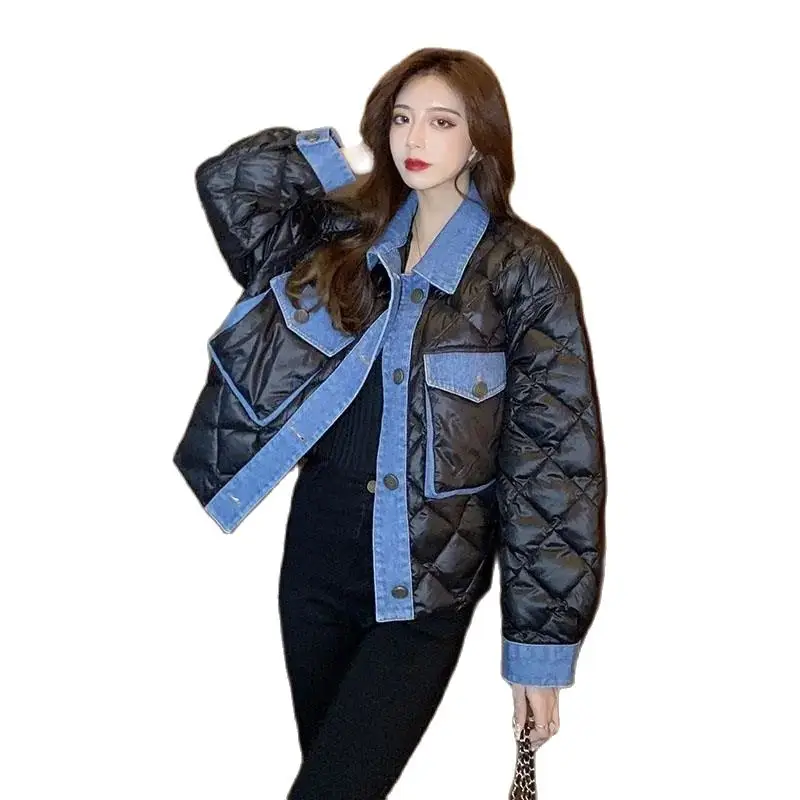 Down Cotton-Padded Jacket Women's Sense Design Winter 2023 New Korean Version Loose Short Denim Stitching Black Cotton Coat