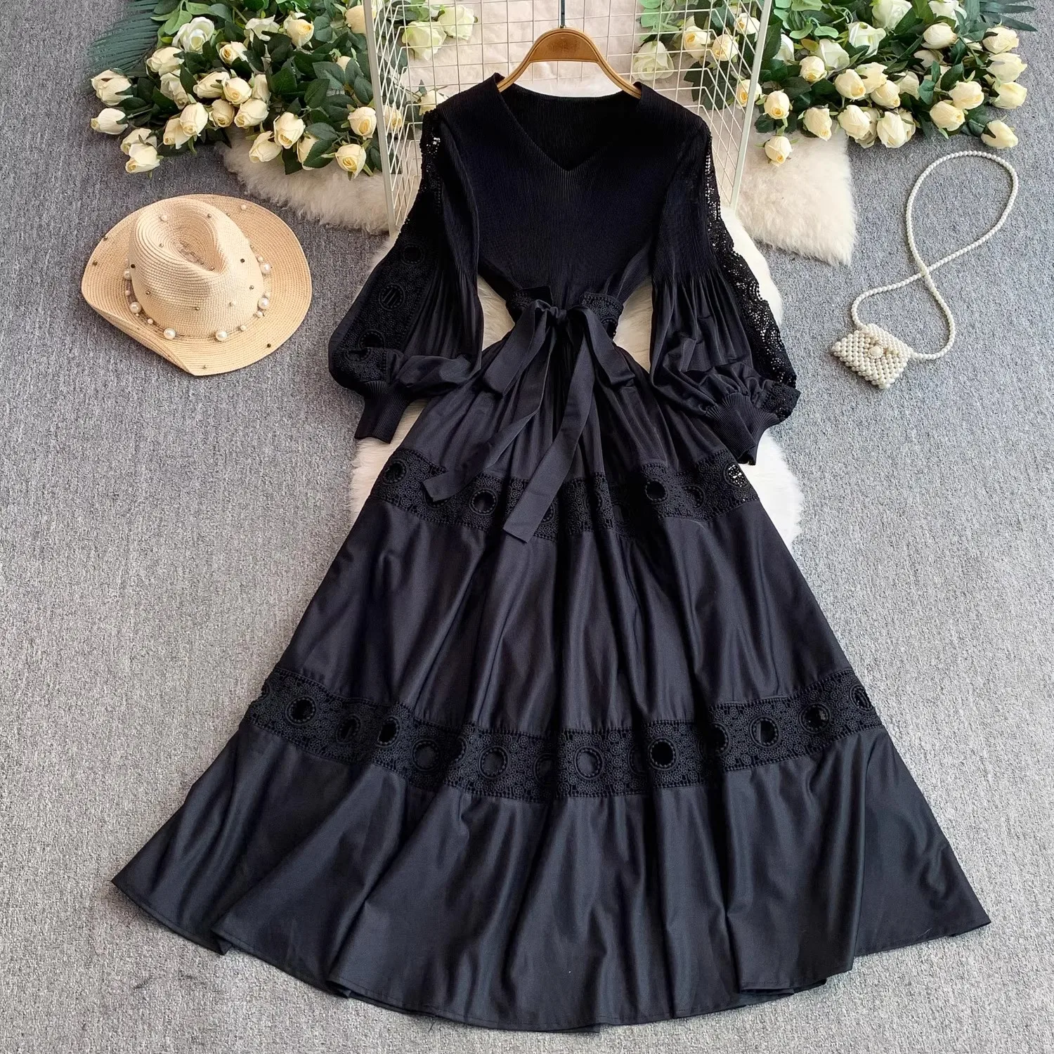 Autumn Elegant Hollow Out Embroidery Loose Dresses Women's V-Neck Long Lantern Sleeve Single Breasted Lace Up Party Robe Vestido