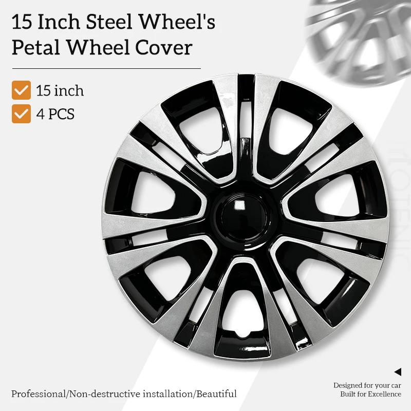 Coprimozzi stile petalo da 15 pollici Coprimozzi neri e argento per auto Set di 4 coprimozzi per Honda Volkswagen, Chevy, Mazda, Dodge