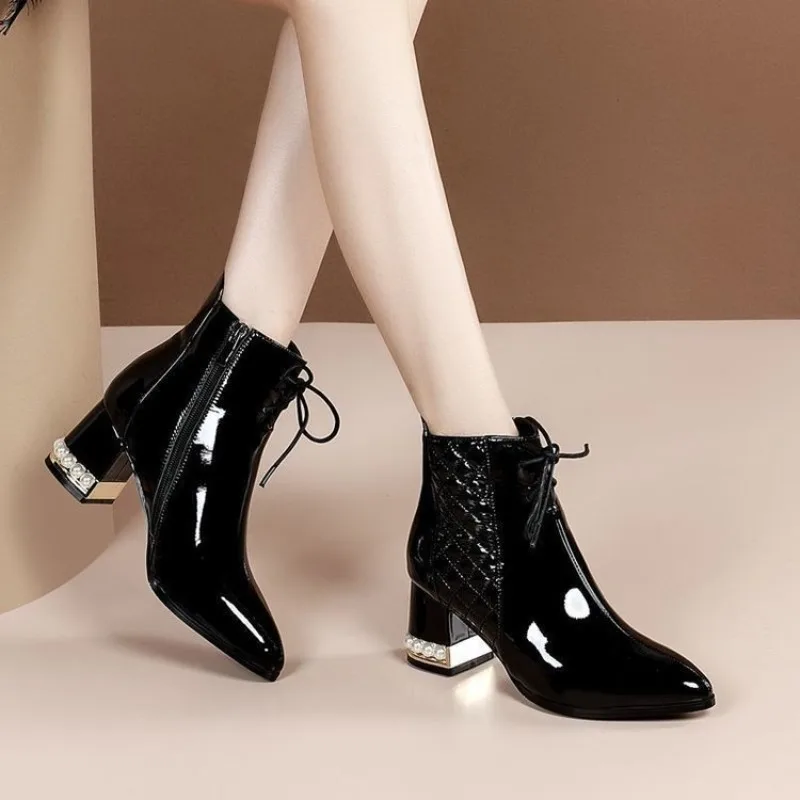 

Fashion Patent Leather Ankle Boots Women Chunky Heels Motorcycle Boots 2024 Spring Lace Up Pointed Toe Side Zip Non Slip Shoes