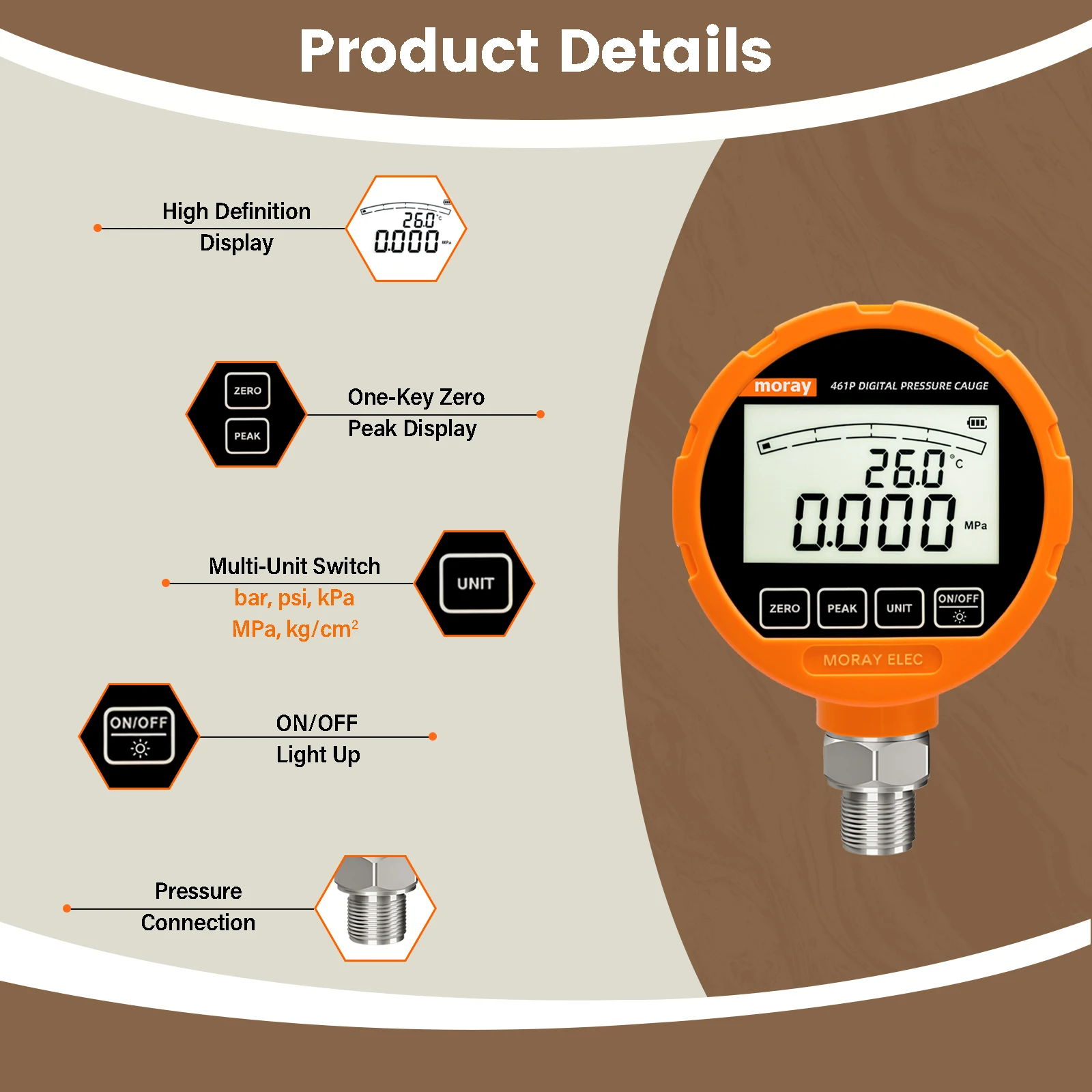 Moray ME461P عالية الدقة الرقمية مقياس الضغط الهيدروليكي الحجاب الحاجز 316L LCD الفولاذ المقاوم للصدأ الغاز السائل الوقود المعاير