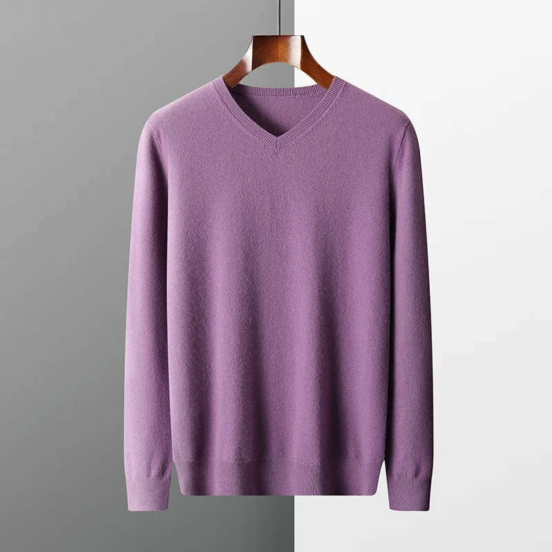 سترة رجالية من الكشمير 100% عالية الجودة برقبة على شكل حرف V - بلوفر خريف وشتاء بقصة ضيقة وأكمام طويلة، ناعم ودافئ ومريح
