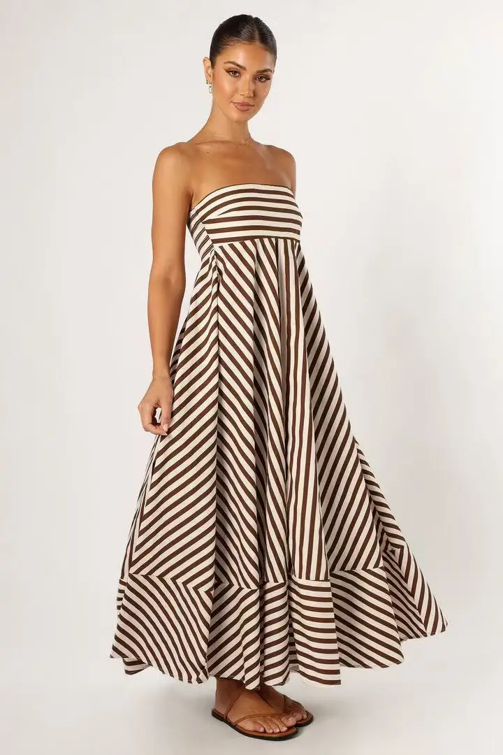 New Women's Dress Sexy Elegant Backless Strapless Fashion Striped Spring Summer Backless High Waisted One Step Long Skirt