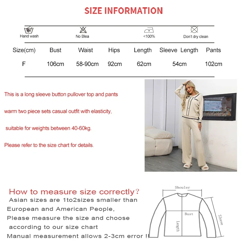 EVNISI 2 piece Polo Neck Buttons Pullover and Wide Leg Pants Knitted Set for Women Loose Casual Set Fall Winter Comfort Outfit