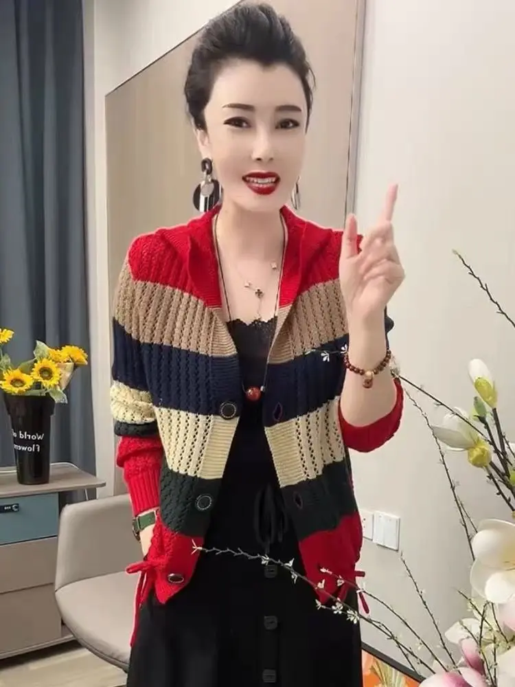 

2025 Autumn New Rainbow Color Blocking Stripe Sweater Cardigan Women Hooded Hollow Out Design Fashion Knitted Top