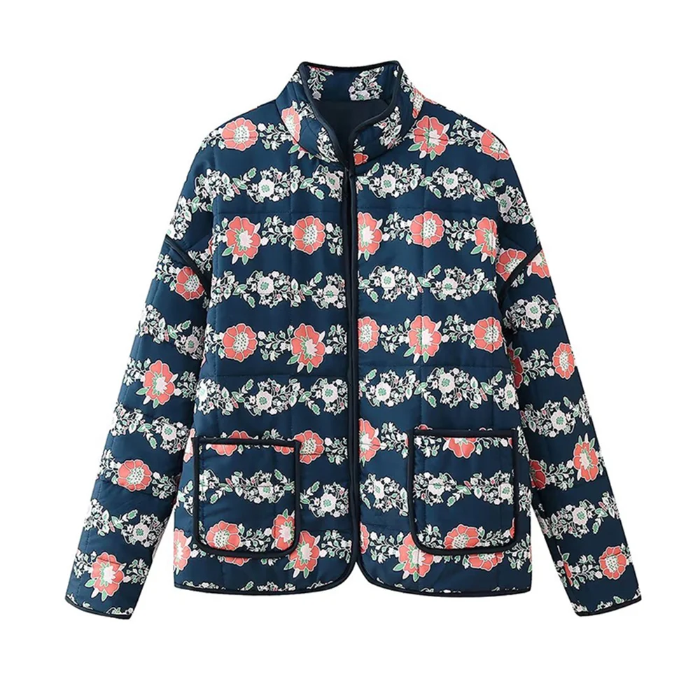 TRAF autumn new women\'s casual retro printed loose casual stand collar long sleeved pocket decoration quilted cotton jacket