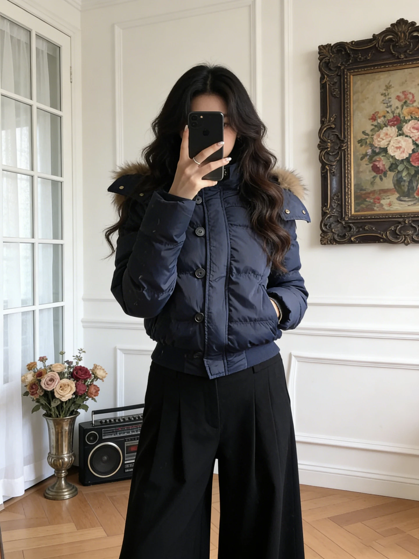 

Fiona ort Hooded down Cotton Jaet Women's Thi Warm Fur Collar Slim Fit Outerwear Korean Sle Straight Tube pe