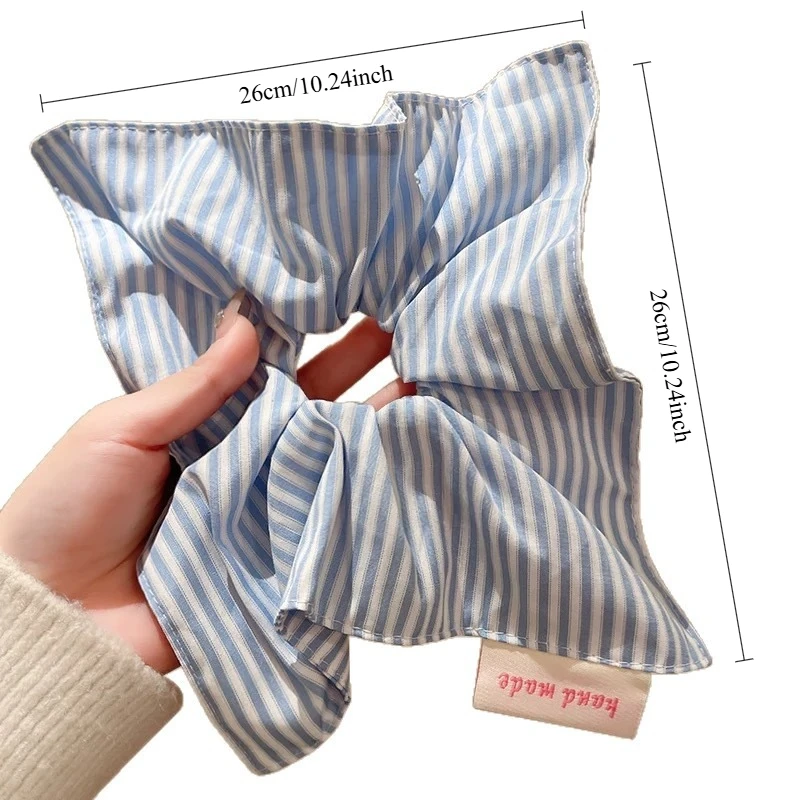 Simple Blue Striped Checkered Square Scarf Scrunchie, Elegant and Sophisticated Ponytail Hair Tie, Effortlessly Chic Hair Tie. view 5