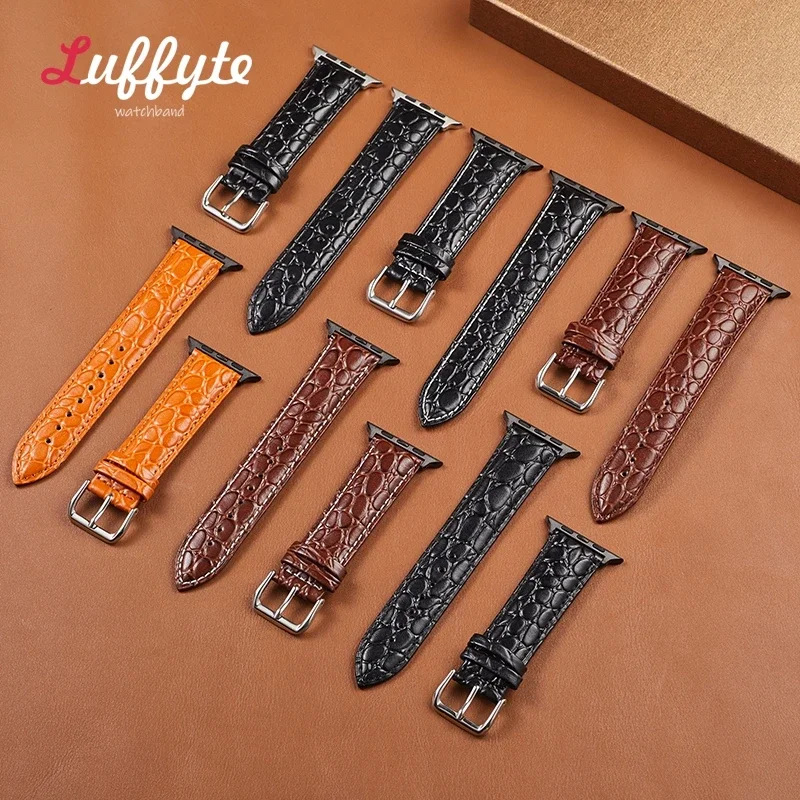 Pulseira de relógio de couro em relevo para Apple Watch, pulseira para iWatch Ultra 2, 49mm, 44mm, 45mm, 41mm, 40mm, 49mm, séries 9, 8, 7, 6, SE