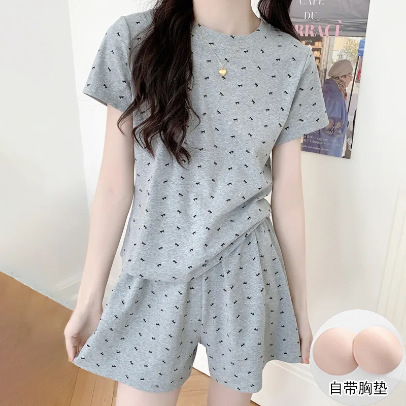 2025 Summer Built-in Bra Top Pajama Set Women Cotton Comfort Home Wear Wireless Support Breathable Loungewear Street Ready