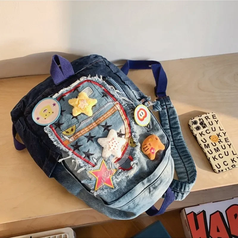 MBTI Vintage Hello Kitty Womens Backpack Denim Patchwork Cute Y2k Fashion University Backpack Harajuku Cartoon Female New Bag