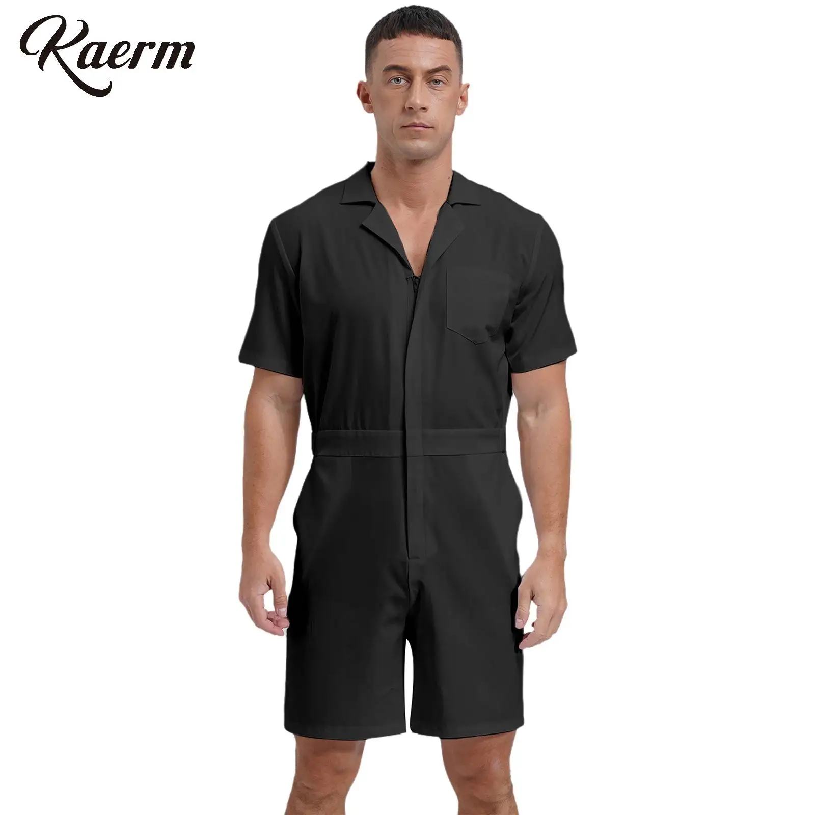 

Men One-piece Jumpsuits Overalls Stylish Short Sleeve Turn-down Collar Solid Color Zipper Short Bottom Leotard for Office Work