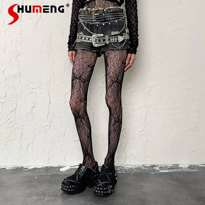 

Японские темно-черные стильные леггинсы Y2K Millennium Niche Design с бабочкой, темные колготки с цветочным узором, популярные сексуальные женские колготки