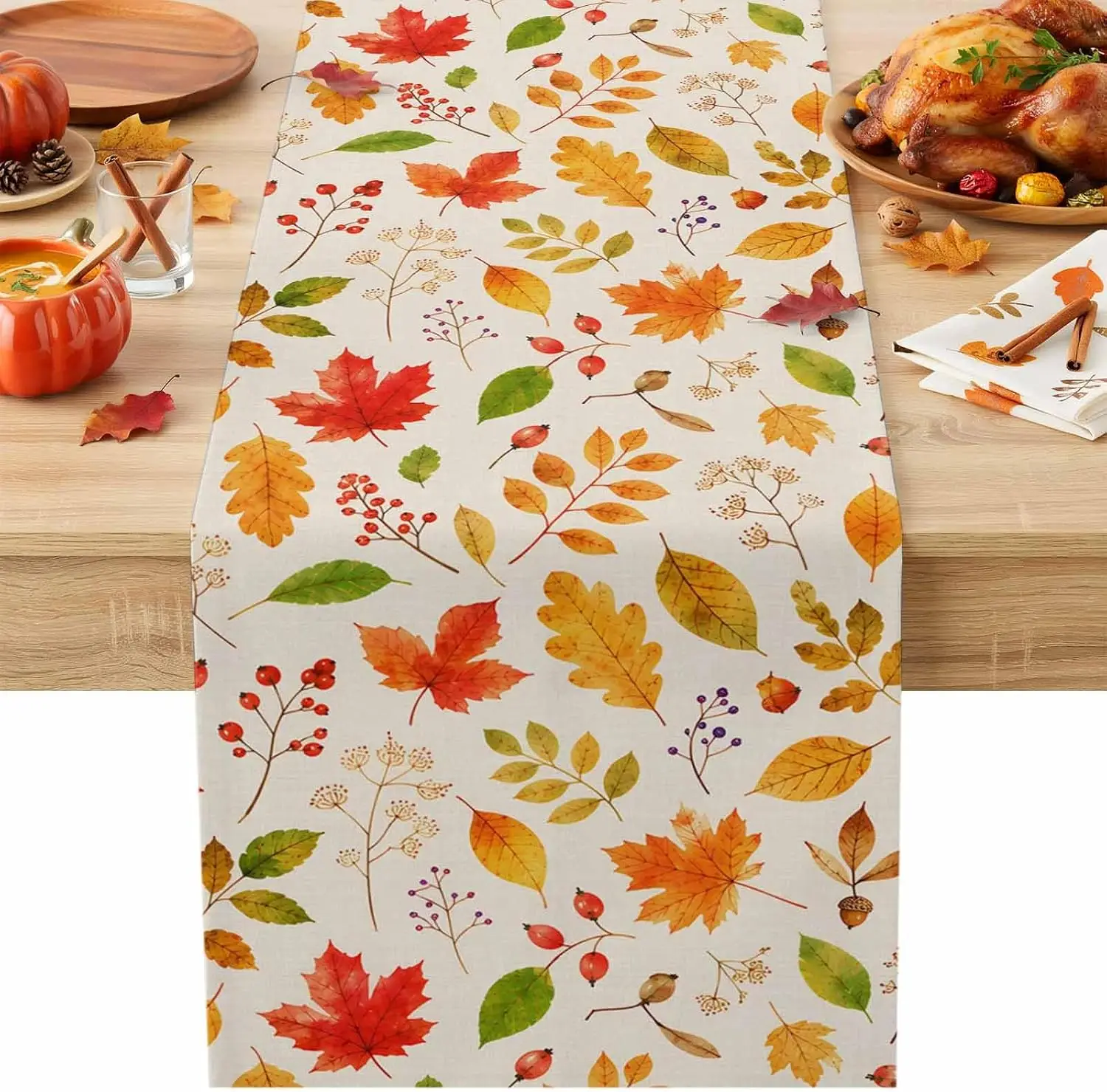 Autumn Maple Leaves Berry Linen Table Runner Home Decor Washable Fall Harvest Kitchen Dining Table Runners Thanksgiving Decor