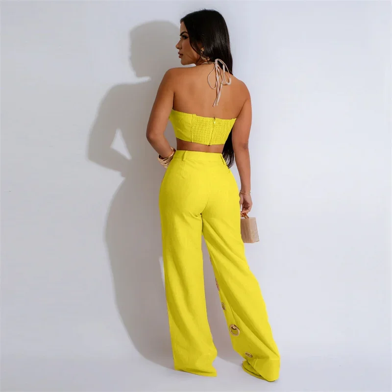 Sexy Night Party 2 Piece Sets Women Outfit Clubwear Festival Clothing Halter Crop Top and Pants Conjuntos Femininos Elegantes