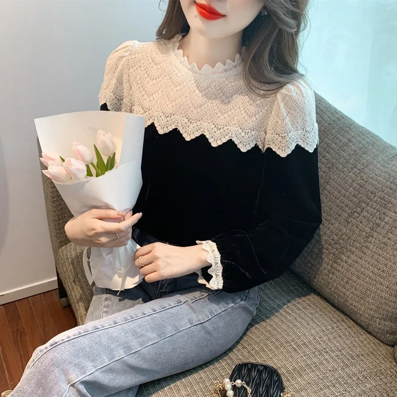 Stand Collar O Neck Lace Crochet Black Velvet Shirt Women Blusa Mujer Tops Chic Elegant Blouse for Women Clothes