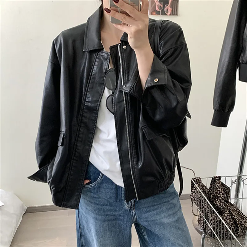 Streetwear Casual Fashion Vintage Brown Faux Leather Coat Women Spring Autumn Loose Lapel Long Sleeve Female Biker Jackets Coat