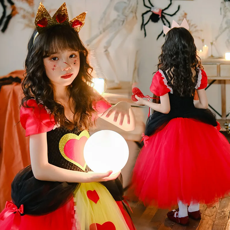 

Girl Halloween Cosplay Costume Poker Queen Vampire Alice Dress Red Skirt Stage Makeup Love Heart Stick