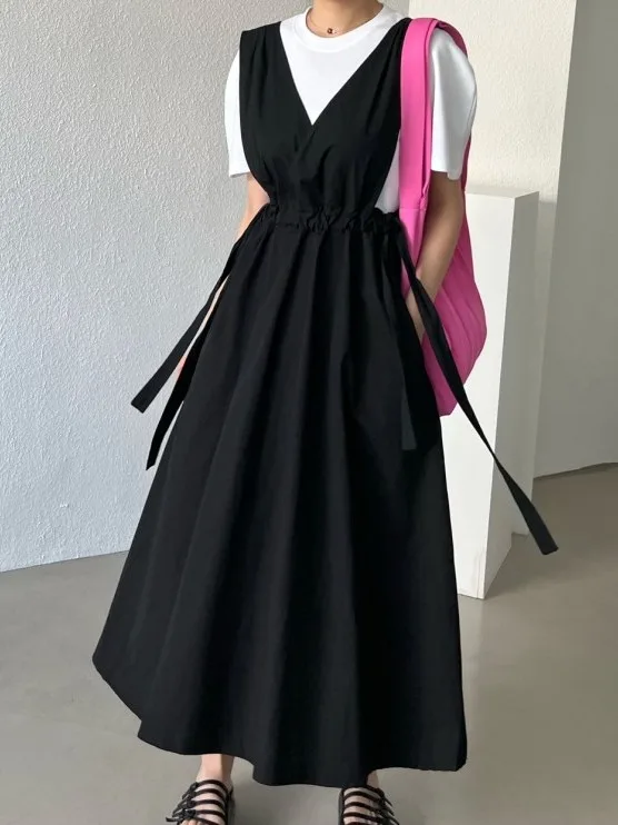 Retro Summer Dress Women Loose Drawstring Waist Cinching Design Sensation Vest Dress Chic City Commute Sleeveless Gown