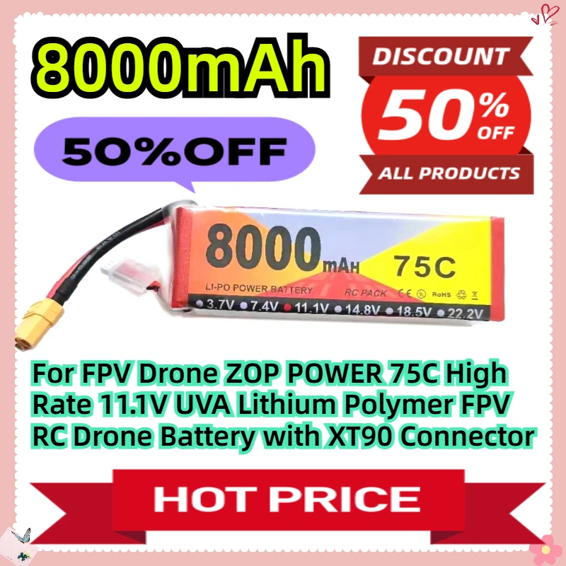 

For FPV Drone ZOP POWER 75C High Rate 11.1V 8000mAh UVA Lithium Polymer FPV RC Drone Battery with XT90 Connector