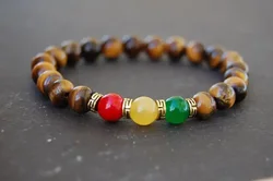 Tiger Eye Rasta Bracelet, Gem 8mm Beads, Red and Green topaz, Reggae Bracelet, Good Luck, Men, women, Tiger Eye Bracelet