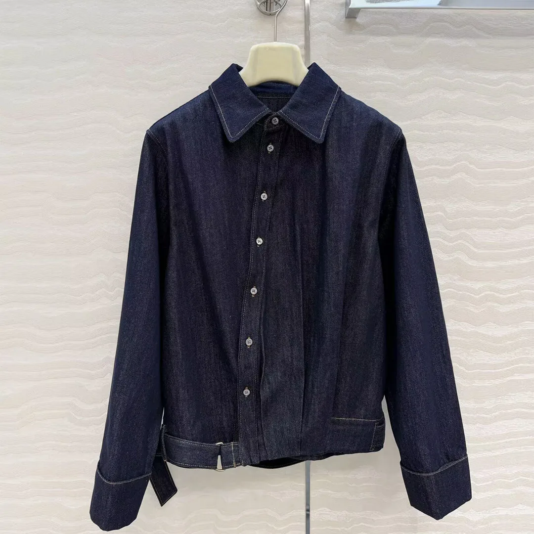 

2026 New Spring Fashion Cotton Denim Shirt Women Lapel Long Sleeve Button Oblique Buckle Belt Loose Retro Blouse Solid Tops
