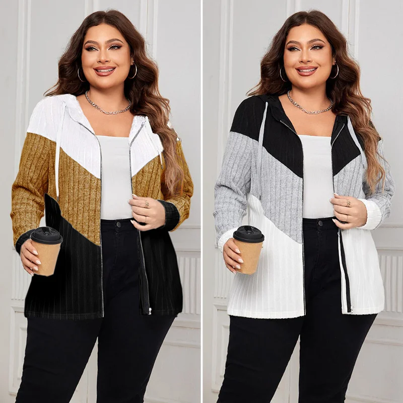 XL4XL Women's Casual Striped Loose Hooded Open Cardigan Coat Top Large Size Polyester Long Sve Zipper Closure Faion