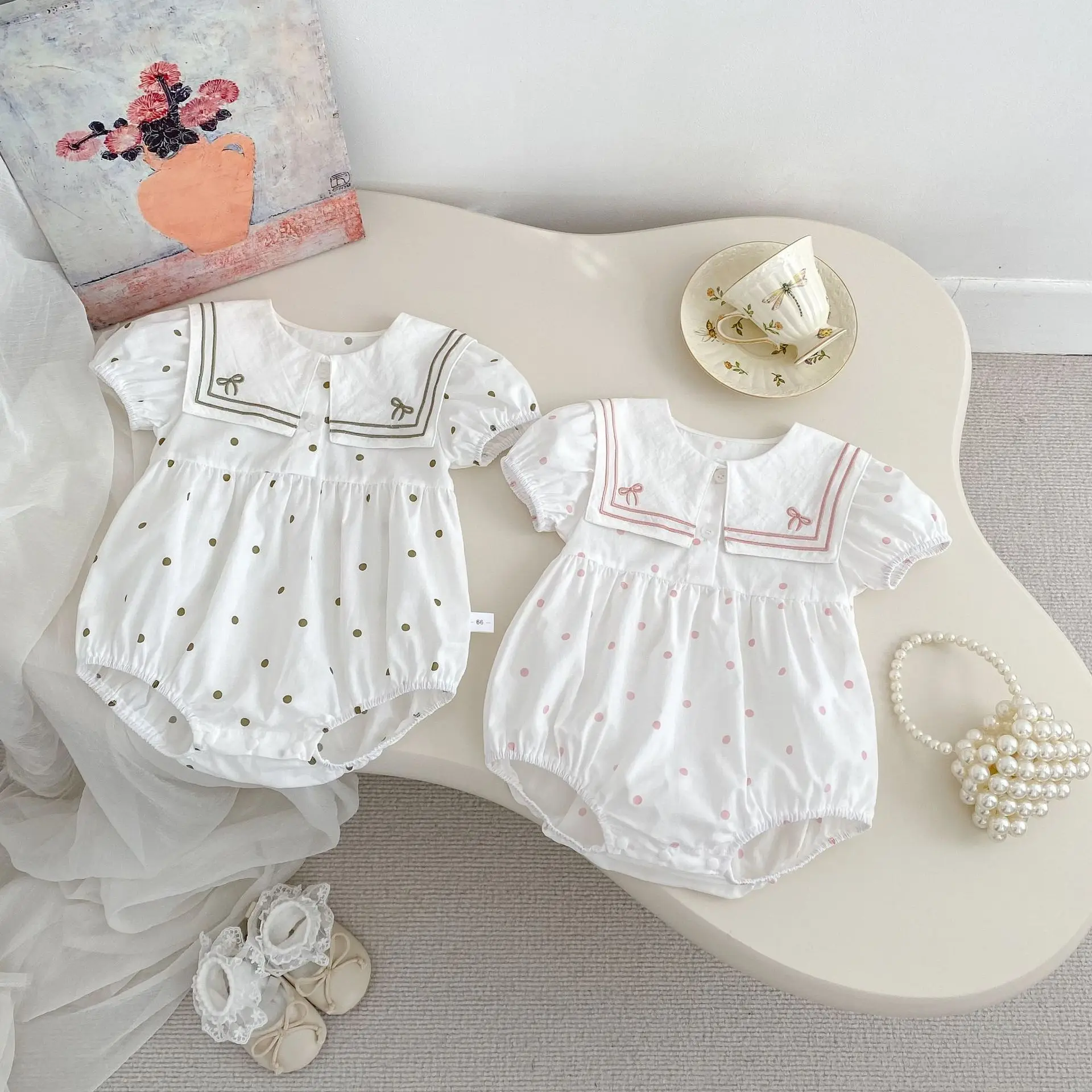 

2025 Summer New Baby Girl Cute Bow Embroidery Sailor Collar Bodysuit Thin Infant Short Sleeve Dot Jumpsuit Newborn Clothes 0-24M