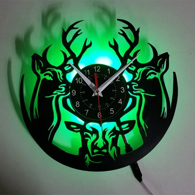 Forest Deer Home Decoration Wall Clock Forest Deer Retro LED Night Light Vinyl Record Wall Clock Hunting Gift Wall Watch for Him