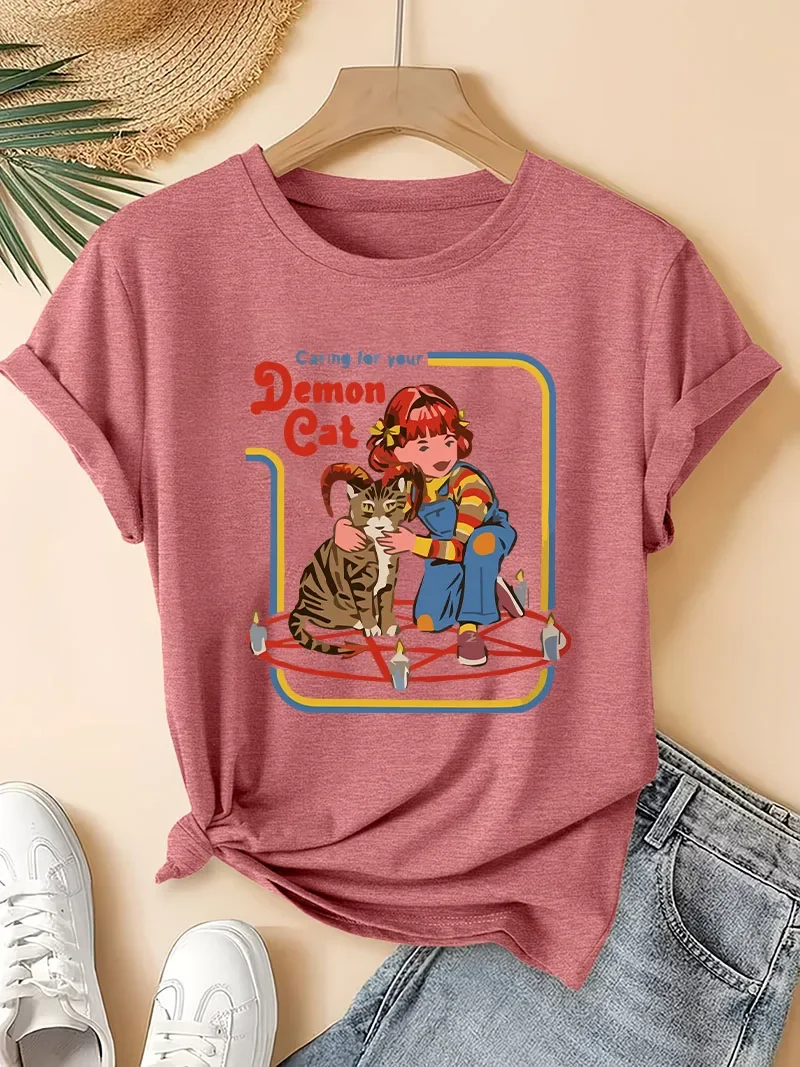 Summer American-style Caring for Your Demon Cat Print T-shirts Women Street Hip Hop Clothes Breathable Short Sleeve Soft T-Shirt