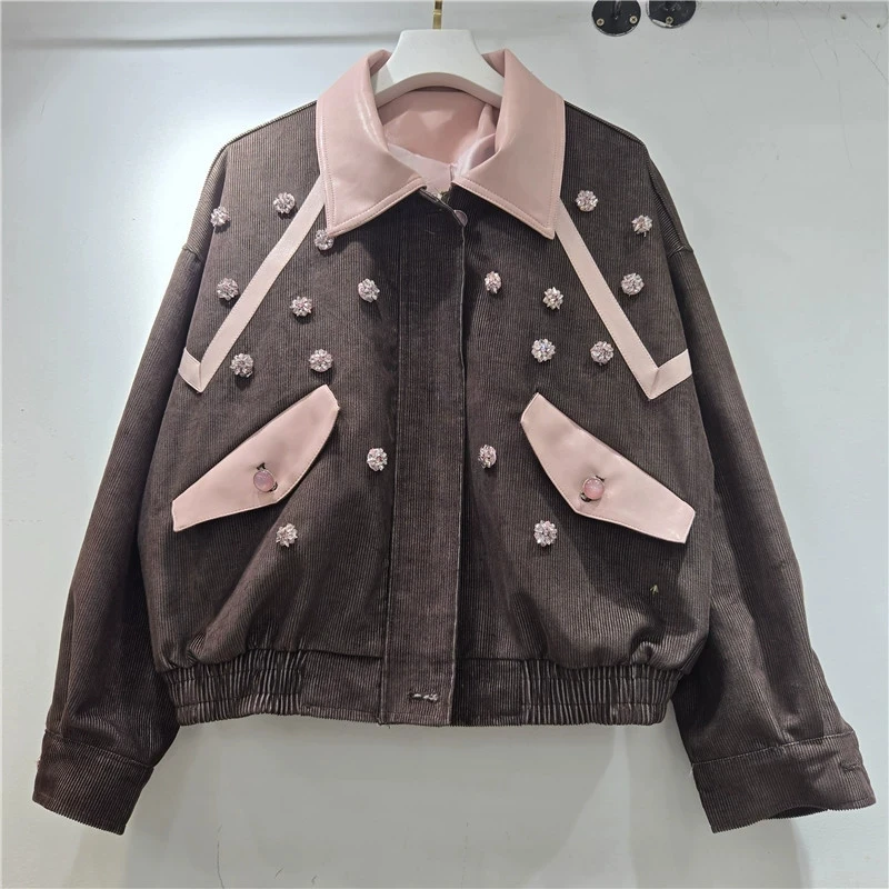 Heavy Work Beaded Flowers Corduroy Jacket Grey Green Coffee Color Faux Pu Leather Lapel Patchwork Long Sleeve Female Short Coat