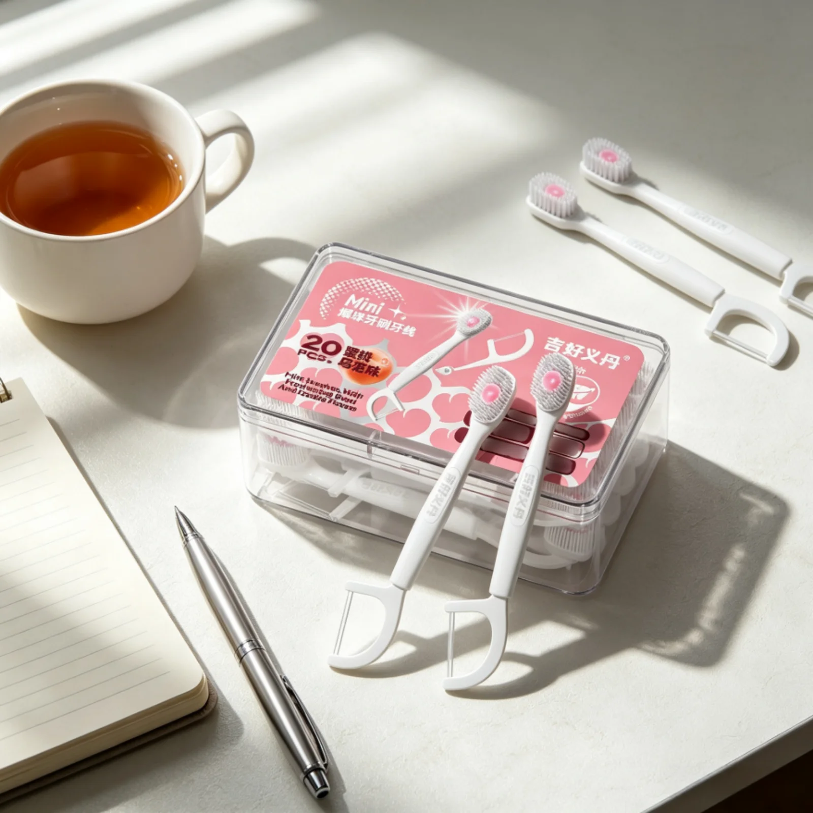20PCS Box Peach Oolong Flavor Disposable Floss Toothbrush, Water Saving No Water Portable Toothbrush for Short Trips