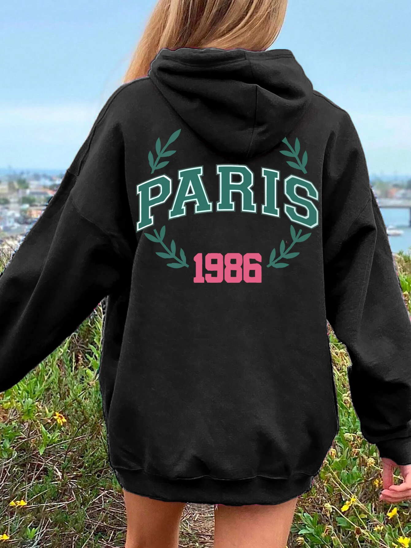 Paris Letter Printed Hoodie Female Fashion Oversize Hoody Vintage Comfortable Sweatshirt Casual Fleece Soft Pullover