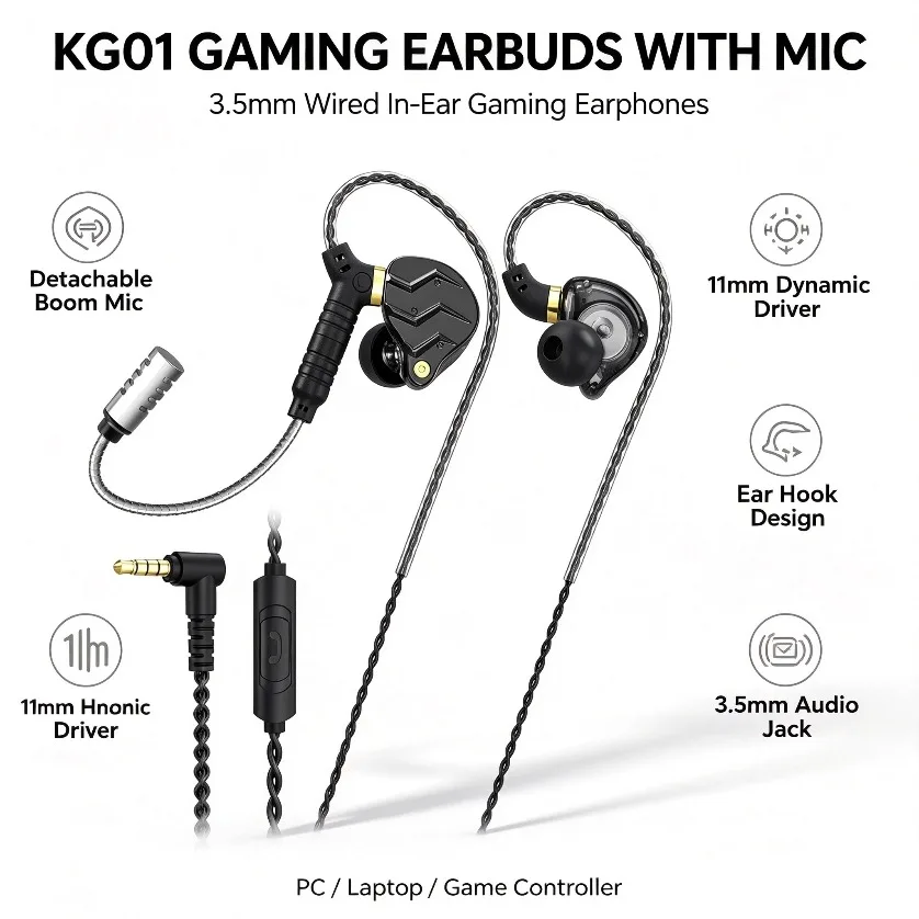 Earbuds with Mic Wired Gaming Detachable Boom Microphone 11mm Ear Hook Stereo for Mobile PC Android FPS Silver