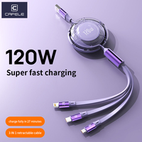 CAFELE Retractable Charger Cable for iPhone 16 15 14 13 12 11 120w 3 in 1 Fast Charging USB C Lightning Micro Multi Cord