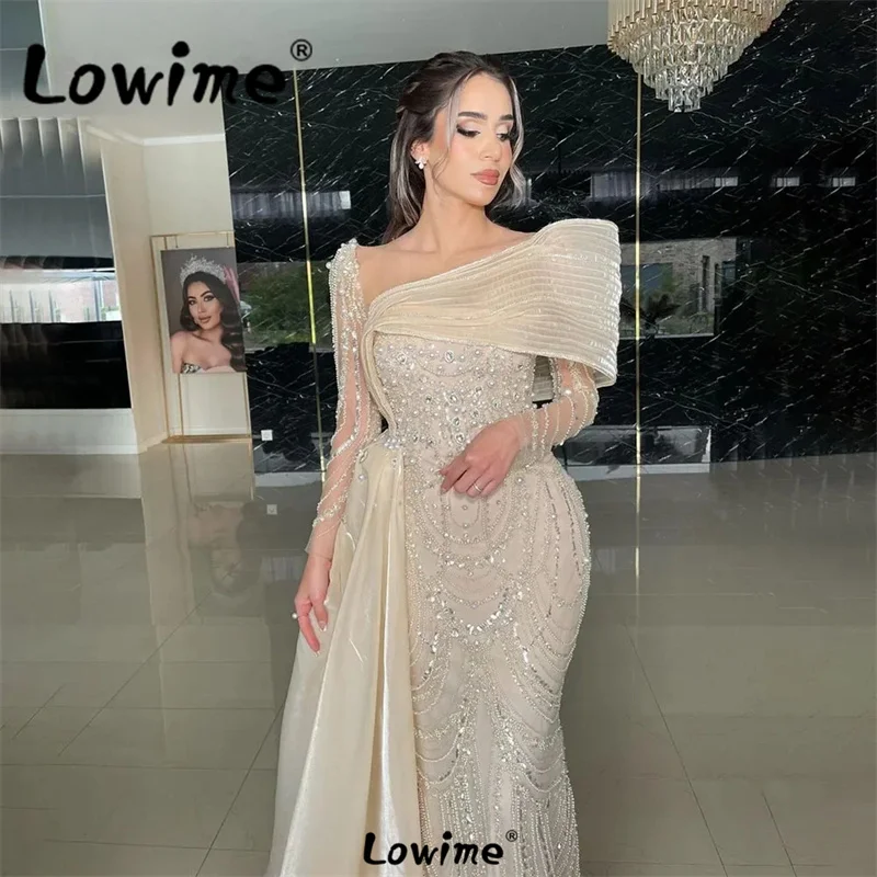 Champagne Arabic Long Sleeves Evening Dress Aso Ebi Crystals Pearl Mermaid Prom Dresses Customize Wedding Engagement Gowns Dress