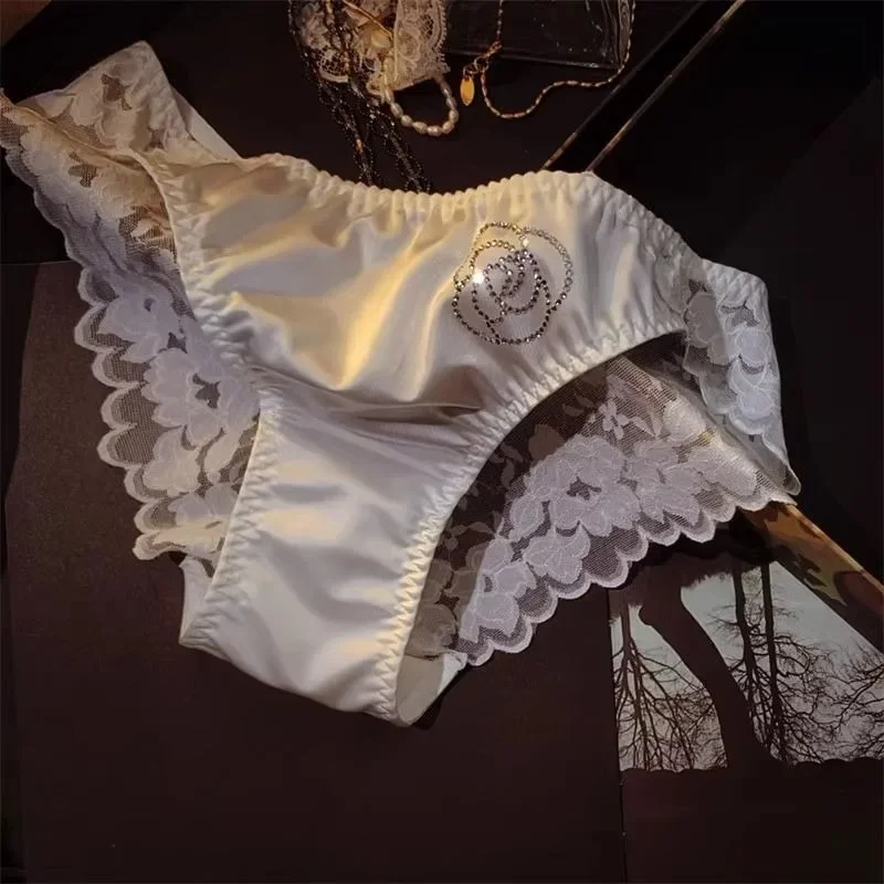 Roupa íntima de cetim francesa para mulheres, calcinha bordada sexy, virilha de algodão antibacteriana, cuecas sem costura, tamanho grande, luxo de luxo