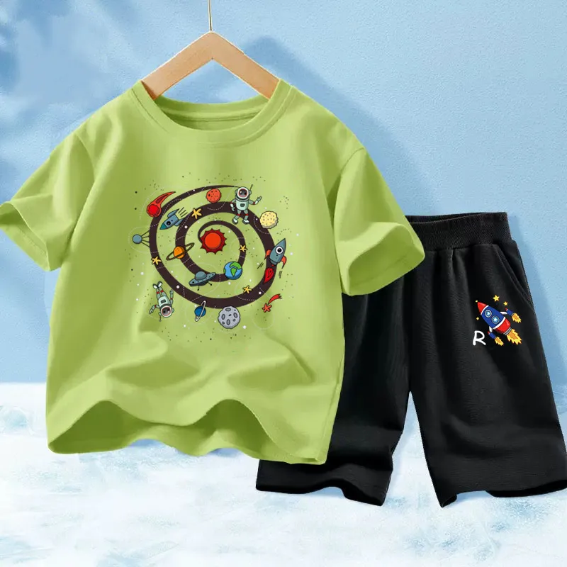 Baby Boy Summer Clothes Set Kids Cartoon Space T shirts+Loose Shorts Suit 2PCS Pack Teens Sports Clothing Sets